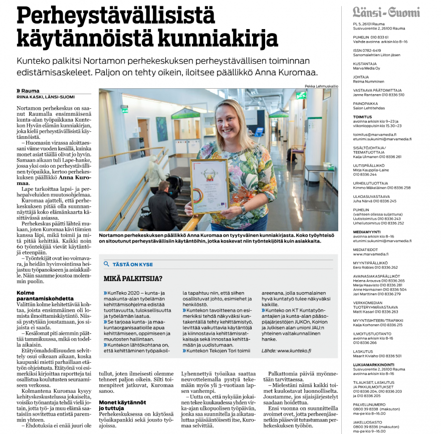 Lue Länsi-Suomen juttu, jossa kerrotaan Perhekeskuksen kehittämistyöstä